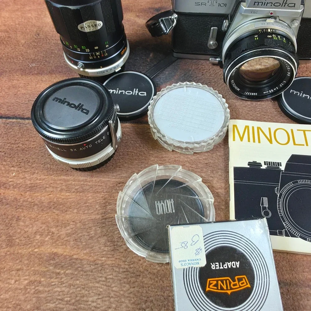 Minolta SRT 101 Film Camera Kit Silver Good 55mm 135mm Lenses Flash Case Manual